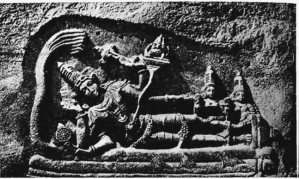 The lotus growing out of Vishnus navel with Brahma inside Relief Vijayanagar India